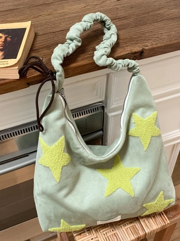 Korean Style Star Patch Faux Suede Crossbody Bag With Ruffled Scrunchie Strap Large Capacity Casual Hobo Dumpling Tote Bag For Women
