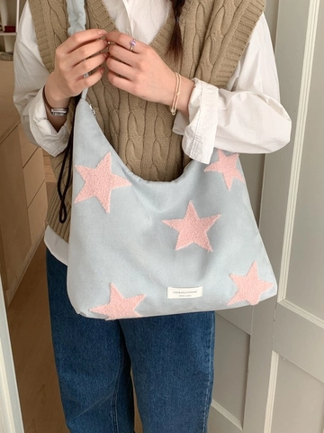 Korean Style Star Patch Faux Suede Crossbody Bag With Ruffled Scrunchie Strap Large Capacity Casual Hobo Dumpling Tote Bag For Women
