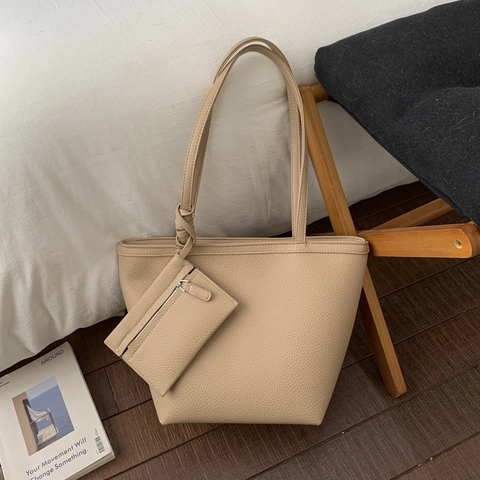 Dames Minimalistische Grote Capaciteit PU Leren Tote Bag Kiezelkorrel Schoudertas Met Etui Retro Woon-werk Shopper Handtas