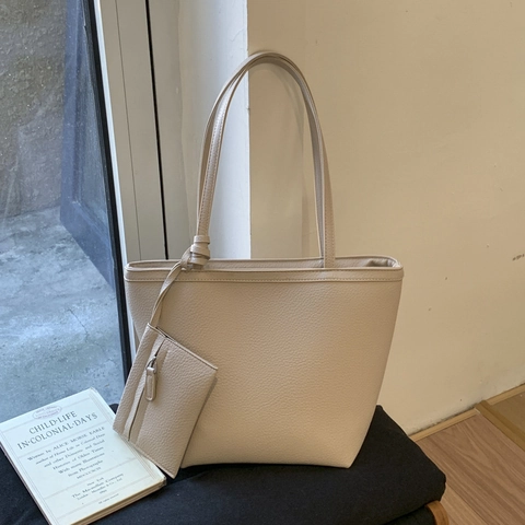 Dames Minimalistische Grote Capaciteit PU Leren Tote Bag Kiezelkorrel Schoudertas Met Etui Retro Woon-werk Shopper Handtas