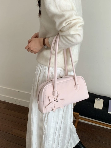Fashion Women Baguette Underarm Shoulder Bag Synthetic Leather Minimalist Solid Color Handbag With Star Pendant Commuter Purse