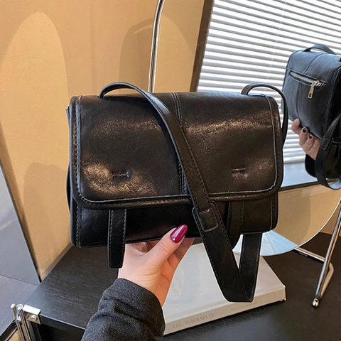 Bolso Bandolera Vintage de Cuero PU para Mujer Bolso de Hombro Cuadrado Pequeño Retro Con Solapa Correa Ajustable
