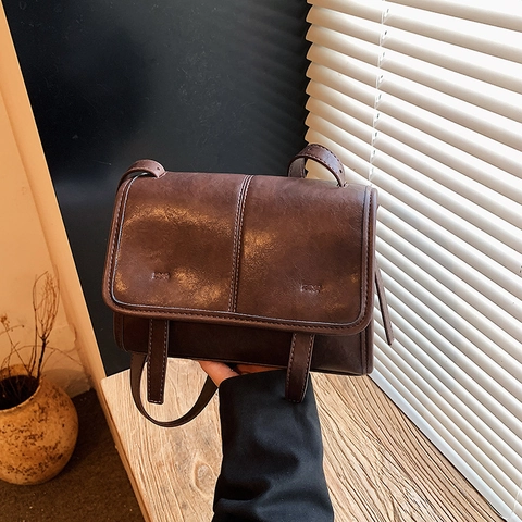 Bolso Bandolera Vintage de Cuero PU para Mujer Bolso de Hombro Cuadrado Pequeño Retro Con Solapa Correa Ajustable