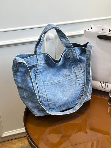 Retro Denim Tote Bag For Women Large Capacity Contrast Stitching Washed Jean Shoulder Crossbody Handbag Casual Everyday