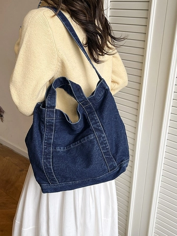 Retro Denim Tote Bag For Women Large Capacity Contrast Stitching Washed Jean Shoulder Crossbody Handbag Casual Everyday