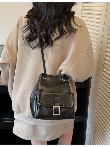 Damen Koreanische Mode PU Leder Beuteltasche Umhängetasche Mit Webnaht Detail Magnetschnalle Kleine Schulter Reisetasche