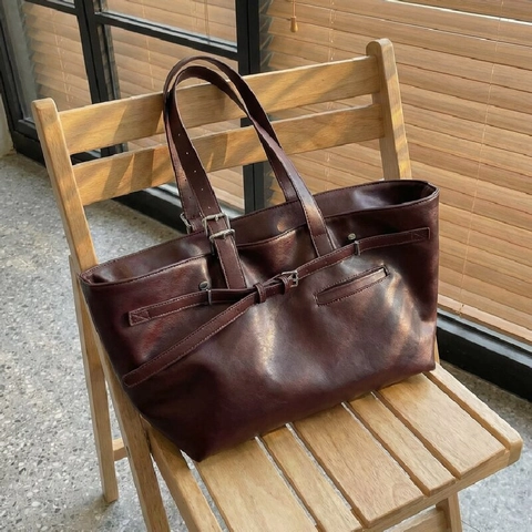 Damen Vintage Kunstleder Einkaufstasche Große Kapazität Umhängetasche Mit Schnalle Nähte Details Trendy Pendler Handtasche