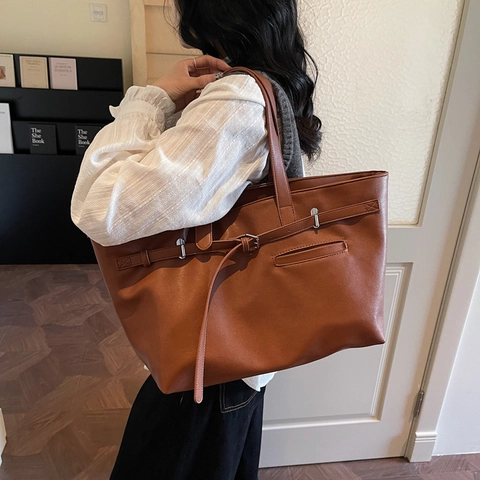 Damen Vintage Kunstleder Einkaufstasche Große Kapazität Umhängetasche Mit Schnalle Nähte Details Trendy Pendler Handtasche