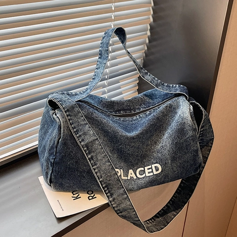 Grand Sac Cabas en Denim pour Femmes Impression de Lettres Lavées Sac à Épaule Décontracté Streetwear Sac à Main en Toile