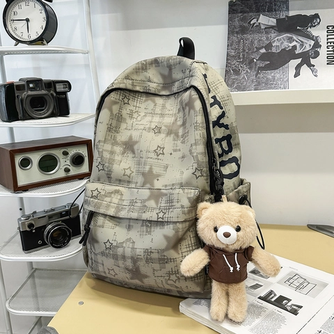 Damen Mode Stern Alphabet Druck Nylon Schulrucksack Große Kapazität Student Leichter Tagesrucksack Mit Bärenanhänger