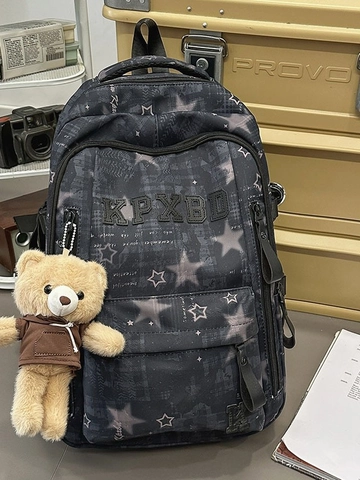 Sac à Dos Scolaire en Nylon Grande Capacité Style Coréen Imprimé Étoiles Léger Imperméable Sac de Voyage pour Femmes Avec Ours