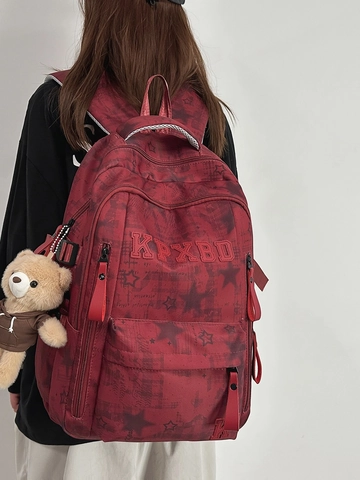 Sac à Dos Scolaire en Nylon Grande Capacité Style Coréen Imprimé Étoiles Léger Imperméable Sac de Voyage pour Femmes Avec Ours