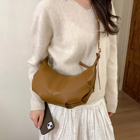 Borsa Hobo Donna Retrò Minimalista Pieghettata in Pelle Sintetica Borsa a Spalla a Mezzaluna Semplice Impuntura Borsa a Tracolla da Giorno