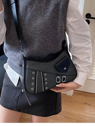 Women Retro Y2K Motorcycle Style PU Leather Crossbody Bag Asymmetric Saddle Shoulder Bag With Silver Grommets Zippers