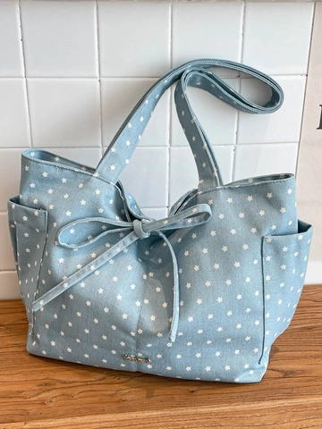 Women Large Capacity Canvas Tote Bag Star Print Shoulder Bag With Bow Decoration Fashion Commuting Handbag College Student