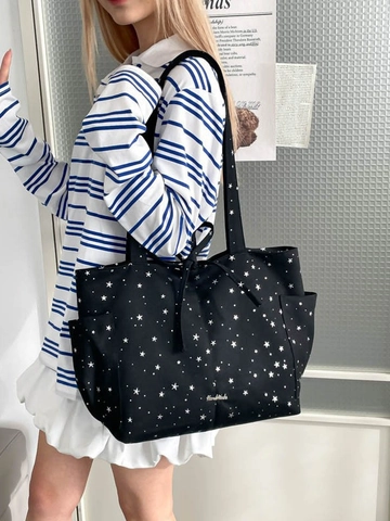 Women Large Capacity Canvas Tote Bag Star Print Shoulder Bag With Bow Decoration Fashion Commuting Handbag College Student