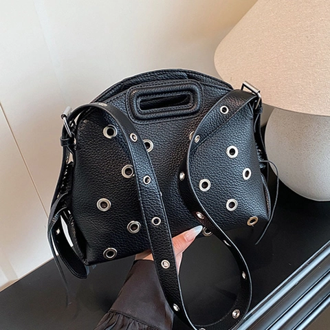 Women Vintage PU Leather Shoulder Bag With Metal Eyelets Tassel Decor Punk Style Crossbody Bucket Bag Adjustable Strap
