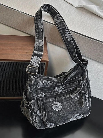 Borsa a Tracolla in Denim da Donna Vintage Ricamata con Margherite Lavata Multi Tasche Borsa a Spalla Hobo Casual Viaggio Grande