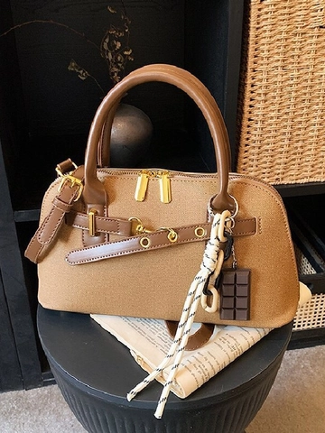 Sac Bowling Femme Rétro en Cuir PU Grande Capacité Sac à Main Bandoulière Épaule Avec Pendentif Chocolat Décontracté Mode