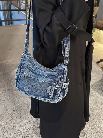 Borsa a Tracolla in Denim da Donna Vintage Ricamata con Margherite Lavata Multi Tasche Borsa a Spalla Hobo Casual Viaggio Grande