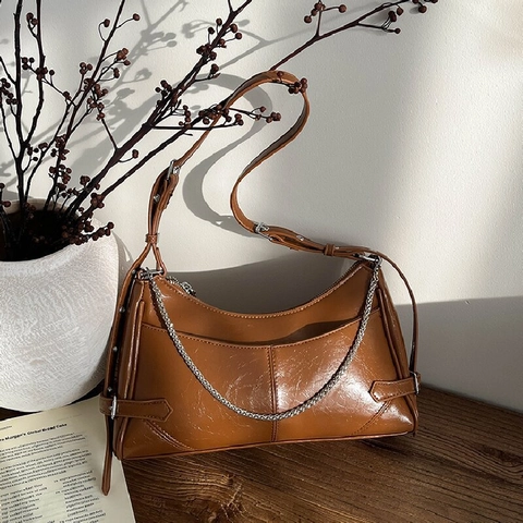 Damen Retro Kunstleder Unterarmtasche Umhängetasche Mit Kettendekoration Crinkle-Textur Verstellbarer Gurt Mode Y2K Tasche