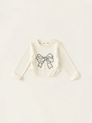 Mädchen Langarm Baumwollmischung T-Shirt Rundhals Schleife Druck Pullover Frühling Herbst Basic Casual Top Für Kinder