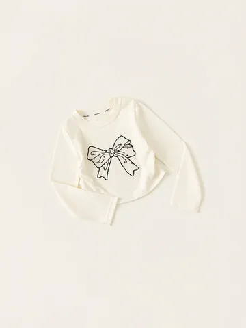 Mädchen Langarm Baumwollmischung T-Shirt Rundhals Schleife Druck Pullover Frühling Herbst Basic Casual Top Für Kinder