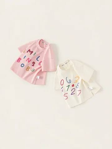 Camiseta de Algodón Casual para Niños Top de Manga Corta Holgado para Niñas Dibujos Animados Alfabeto Corazón Estampado Verano Transpirable Cuello Redondo