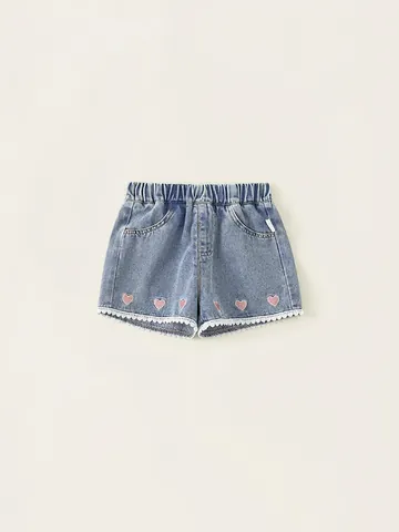 Mädchen Süße Denim-Shorts Mit Herz-Stickerei Und Spitzenbesatz Sommer Lässig Baumwollmischung Dünne Jeans-Shorts Für Kinder