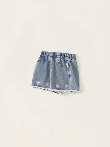 Mädchen Süße Denim-Shorts Mit Herz-Stickerei Und Spitzenbesatz Sommer Lässig Baumwollmischung Dünne Jeans-Shorts Für Kinder