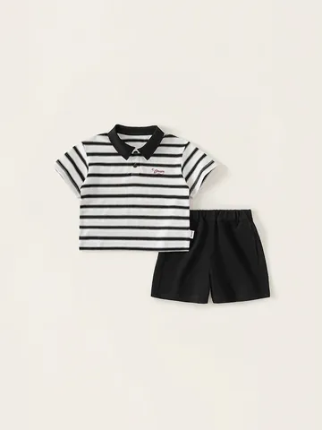 Kids Summer Striped Polo Shirt With Shorts Cotton Breathable Casual Embroidered Outfits For Boys Girls Clothing