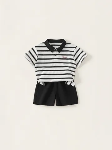 Kids Summer Striped Polo Shirt With Shorts Cotton Breathable Casual Embroidered Outfits For Boys Girls Clothing