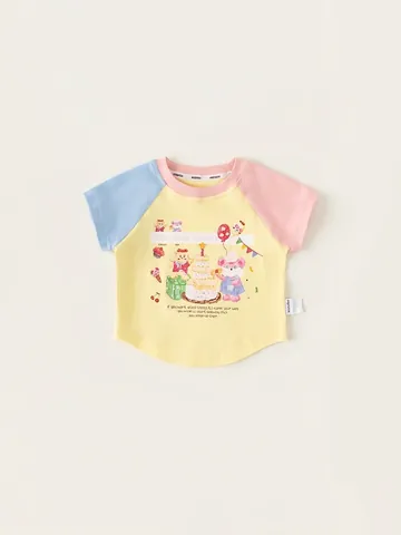 Meisjes Zomer Korte Mouw T-Shirt Katoenmix Kleurblok Cartoon Beer Print Ronde Hals Casual Kinderkleding Pullover Top