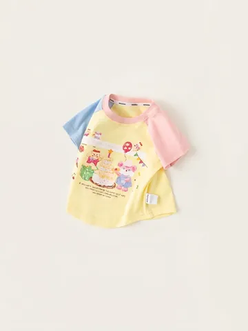 Maglietta a Maniche Corte Estiva da Ragazza in Misto Cotone con Blocchi di Colore Stampa Orso Cartone Animato Casual Top