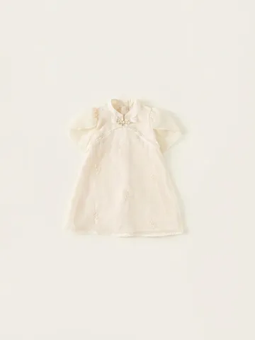Mädchen Neues Kleid Im Chinesischen Stil Blumenstickerei Froschknopf Perlendeckor Netzärmel Off-White Elegantes Qipao Kleid
