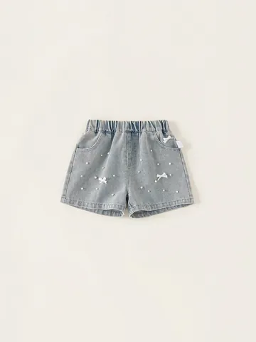 Mädchen Denim Shorts Gewaschen Baumwollmischung Hellblaue Shorts Mit Künstlichen Perlen Und Schleifendekoration Elastischer Bund Kleidung