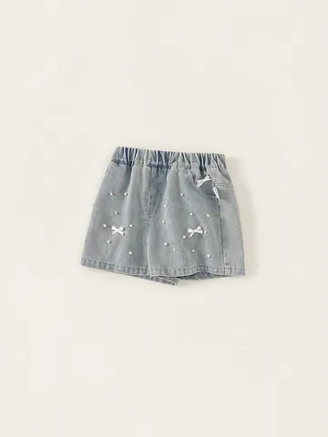 Mädchen Denim Shorts Gewaschen Baumwollmischung Hellblaue Shorts Mit Künstlichen Perlen Und Schleifendekoration Elastischer Bund Kleidung