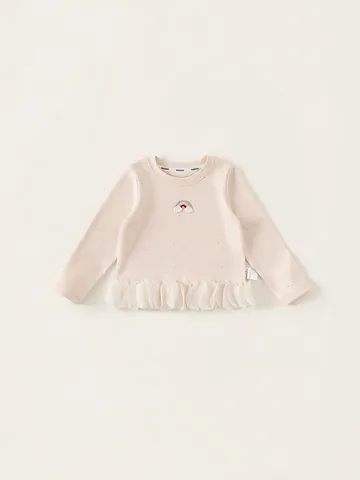 Maglietta da Bambina Dolce a Maniche Lunghe in Cotone Ricamo Arcobaleno Tessuto Picchiettato Orlo in Pizzo Mesh Stile Coreano
