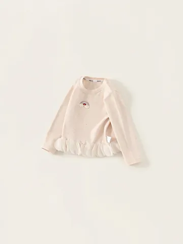Maglietta da Bambina Dolce a Maniche Lunghe in Cotone Ricamo Arcobaleno Tessuto Picchiettato Orlo in Pizzo Mesh Stile Coreano