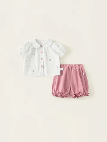 Completo Estivo Due Pezzi in Cotone per Bambine Camicia a Quadretti con Colletto Peter Pan e Pantaloncini Rosa