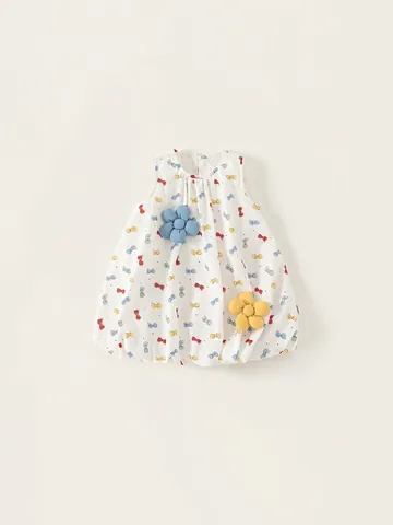 Sweet Girl Sleeveless Cotton Dress Bowknot Floral Print 3D Flower Decoration Bubble Hem Summer Princess Dress Kids Clothes