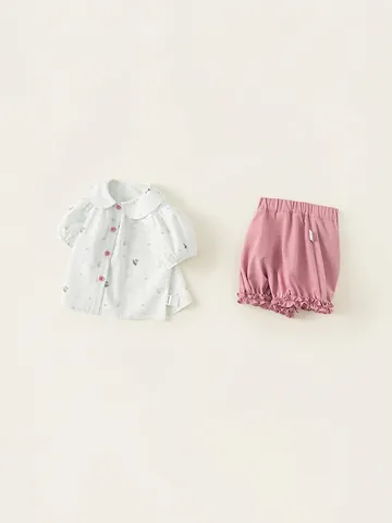 Completo Estivo Due Pezzi in Cotone per Bambine Camicia a Quadretti con Colletto Peter Pan e Pantaloncini Rosa