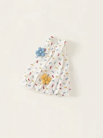 Sweet Girl Sleeveless Cotton Dress Bowknot Floral Print 3D Flower Decoration Bubble Hem Summer Princess Dress Kids Clothes