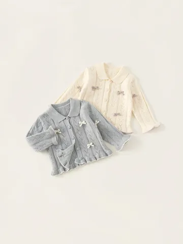 Cardigan in Maglia da Bambina Maglione con Fiocco Pointelle Cappotto Bambino Manica Lunga Volant Abbottonatura Morbida Maglieria Primavera Autunno
