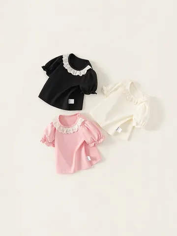 Girls Sweet Lace Collar Puff Sleeve T-Shirt Summer Solid Cotton Blend Breathable Soft Top For Toddler Kids Baby Girl