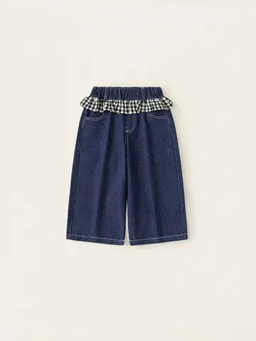 Mädchen Denim Jeans Weites Bein Hosen Baumwolle Weich Kariert Rüschen Rand Elastische Taille Lässig Gerade Hosen Für Kinder Frühling Herbst