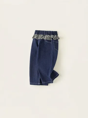 Mädchen Denim Jeans Weites Bein Hosen Baumwolle Weich Kariert Rüschen Rand Elastische Taille Lässig Gerade Hosen Für Kinder Frühling Herbst