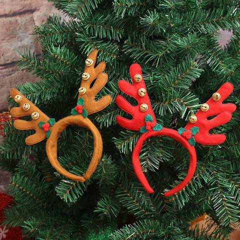 Serre-tête de Bois de Renne de Noël Avec Cloches Dorées Feuilles de Houx Baies Coiffe en Tissu pour Fête Accessoires de Cheveux