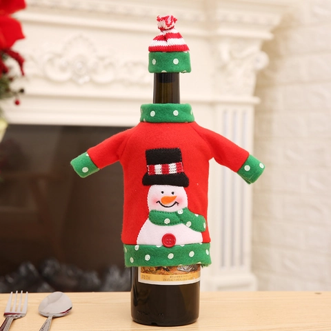 Christmas Wine Bottle Cover Set Knitted Sweater With Mini Hat Santa Claus Snowman Reindeer Pattern Festive Party Decor