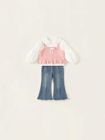 Girls Cotton Ruffle Shirt Floral Knitted Vest Denim Flare Pants Korean Style Kids Spring Autumn Clothing Outfit